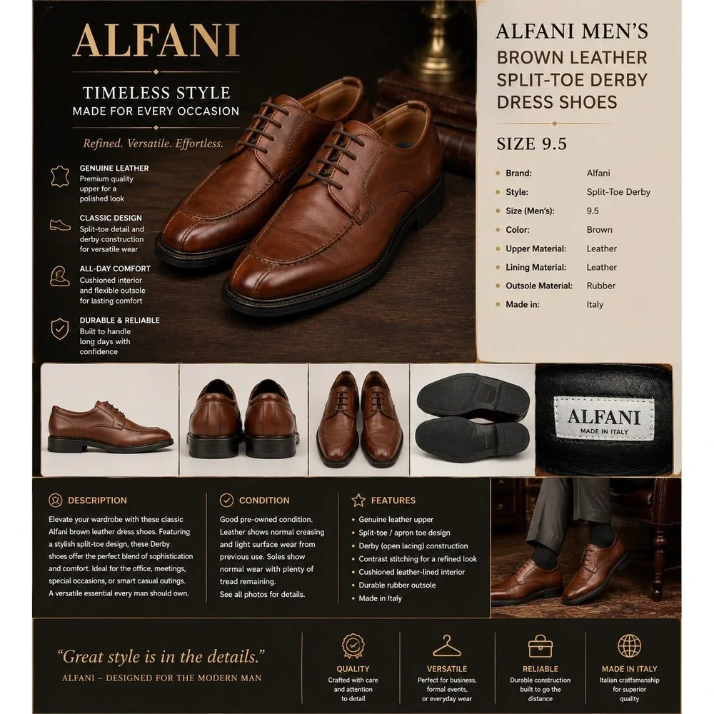Alfani Men's Brown Leather Split-Toe Derby Oxford Dress Shoes Size 9.5